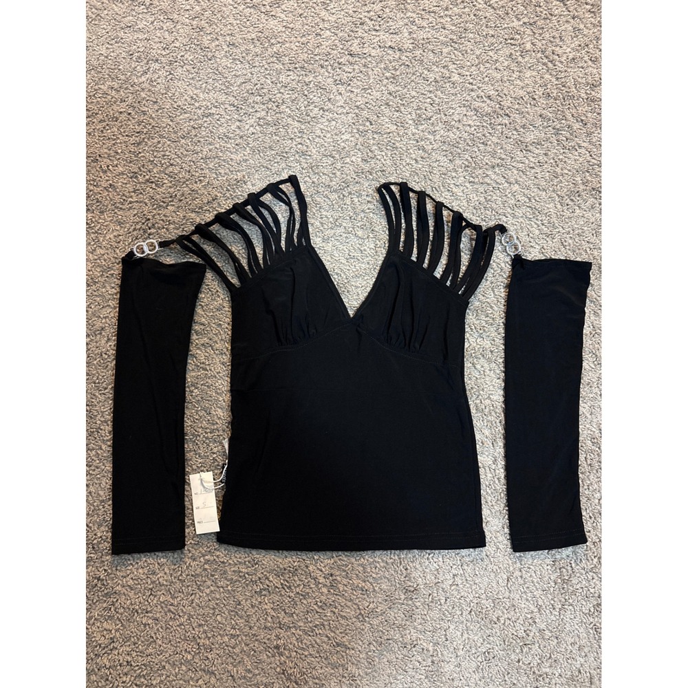 Y2K Black Strappy Cold Shoulder Top with Detachable Sleeves Silver Ring, Small